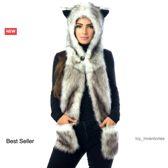 White Wolf Hood Faux Fur Hat Scarf Mittens Set Novelty Cosplay Winter Wear main image 3